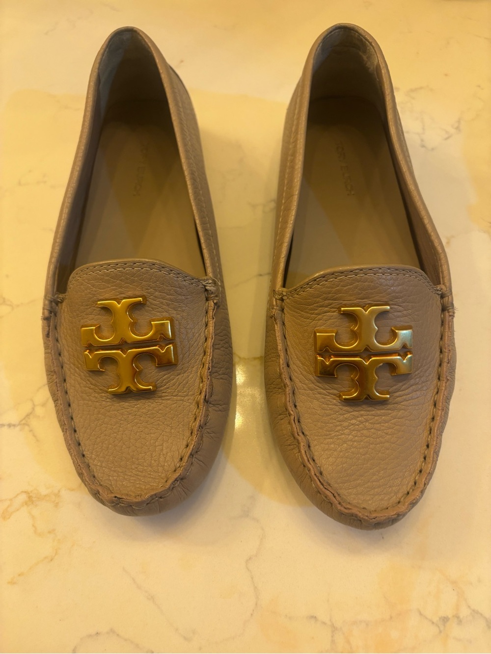 Tory Burch Taupe Leather Logo Driving Moccasins with Gold Emblem